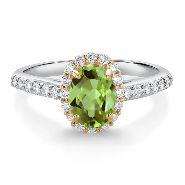 10K White Gold Green Peridot and White Lab Grown Diamond Halo Engagement Ring For Women | 1.21 Cttw | Oval 7X5MM | Gemstone Birthstone | Wedding Engagement Promise Ring