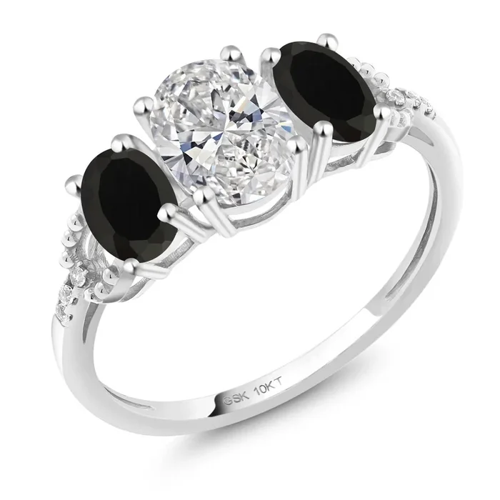 10K White Gold IGI Certified Lab Grown Diamond and Black Onyx 3-Stone Engagement Ring | 1.82 Cttw | Center Oval Diamond 1.00 Ct | E-F Color | VS1-VS2 Clarity
