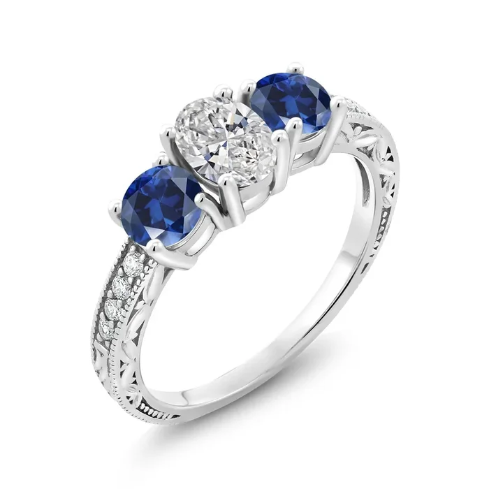10K White Gold IGI Certified Lab Grown Diamond and Blue Created Sapphire 3 Stone Engagement Ring For Women | 2.28 Cttw | Center Diamond Oval 1 Ct | E-F Color | VS1-VS2 Clarity