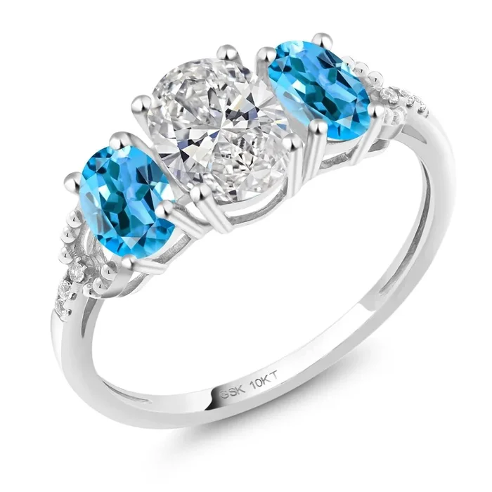 10K White Gold IGI Certified Lab Grown Diamond and Swiss Blue Topaz 3-Stone Engagement Ring | 2.12 Cttw | Center Oval Diamond 1.00 Ct | E-F Color | VS1-VS2 Clarity