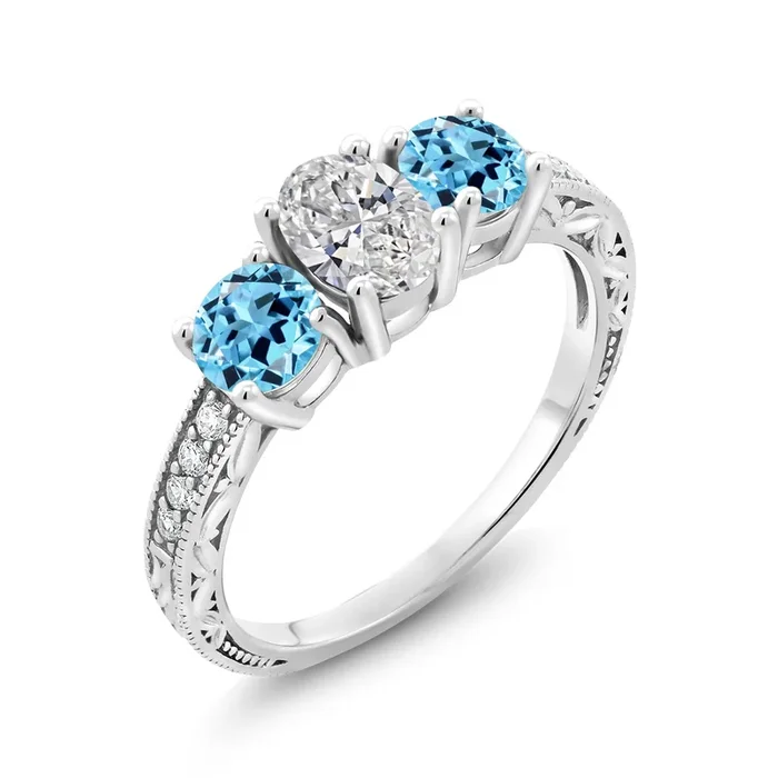 10K White Gold IGI Certified Lab Grown Diamond and Swiss Blue Topaz 3 Stone Engagement Ring For Women | 2.38 Cttw | Center Diamond Oval 1 Ct | E-F Color | VS1-VS2 Clarity