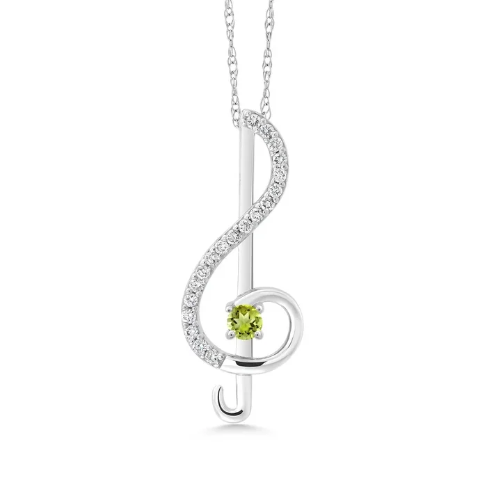 10K White Gold Keren Hanan Round Green Peridot and White Lab Grown Diamond Treble Clef Pendant Music Note Jewelry Gift For Women (0.27 Cttw, with 18 Inch Chain)