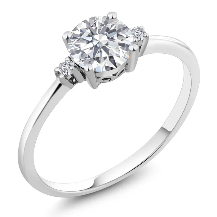 10K White Gold Lab Grown Diamond 3-Stone Engagement Ring For Women | 0.77 Cttw | Round 6MM and 1.5MM | Gemstone Birthstone | E-F Color | VVS-VS Clarity