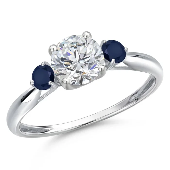 10K White Gold Lab Grown Diamond and Blue Sapphire 3-Stone Ring For Women | 1.04 Cttw | Round 6MM | Gemstone April Birthstone