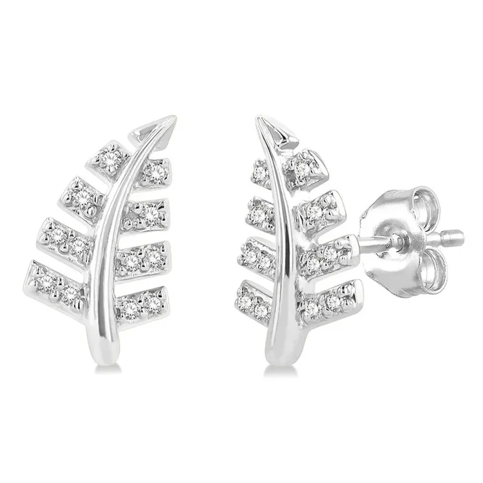 10K White Gold Leaf Button Natural Diamonds Earrings