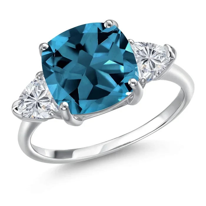 10K White Gold London Blue Topaz and Lab Grown Diamond Engagement Ring For Women | 5.94 Cttw | Cushion 10MM and Trillion 5MM | Gemstone Birthstone