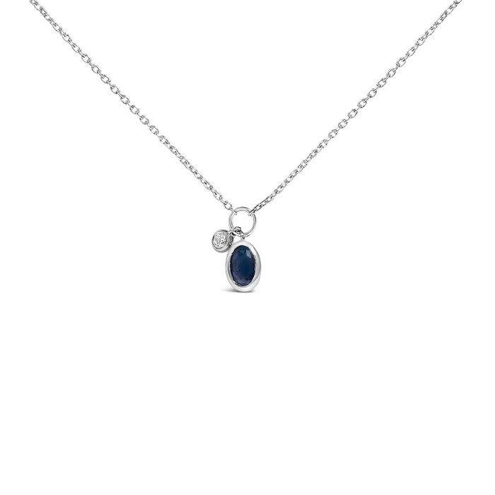 10K White Gold Oval Blue Sapphire and Diamond Double Charm Pendant Necklace – 18″ Inches