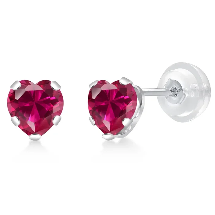 10K White Gold Red Created Ruby Stud Earrings for Women | 1.20 Cttw | Gemstone July Birthstone | Heart Shape 5MM