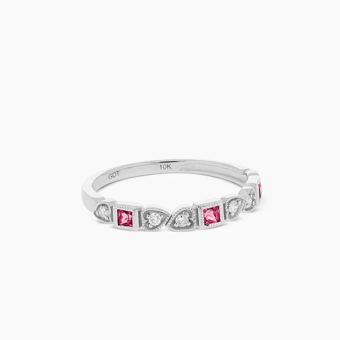 10K White Gold Ruby and Diamond Stackable Band