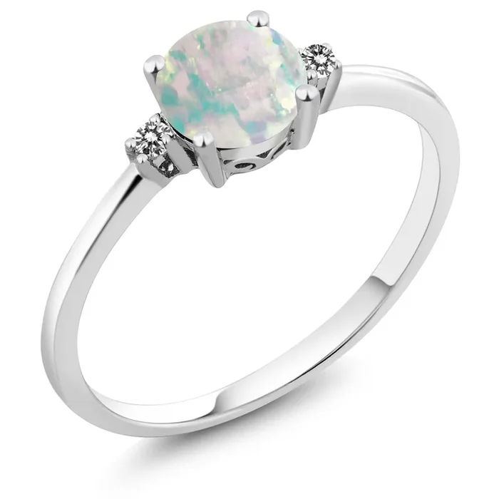 10K White Gold Simulated White Opal and White Diamond Solitaire Engagement Ring For Women (0.33 Cttw, Round Cabochon 6MM, Gemstone October Birthstone)