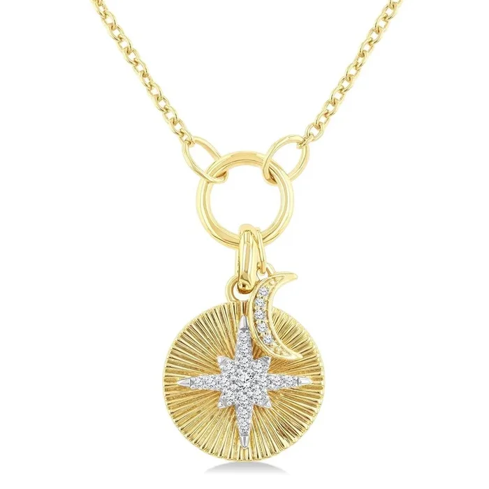 10K Yellow And White Gold Natural Diamonds Star And Moon Necklace