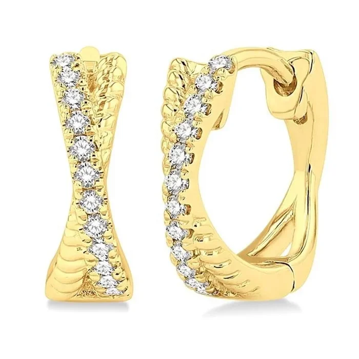 10K Yellow Gold 12Mm Round Twisted Huggie Natural Diamonds Hoop Earrings