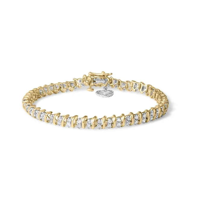 10K Yellow Gold 2.0 Cttw Diamond 2 Row Link and Heart Charm 7″ Link Bracelet (I-J Color, I3 Clarity)