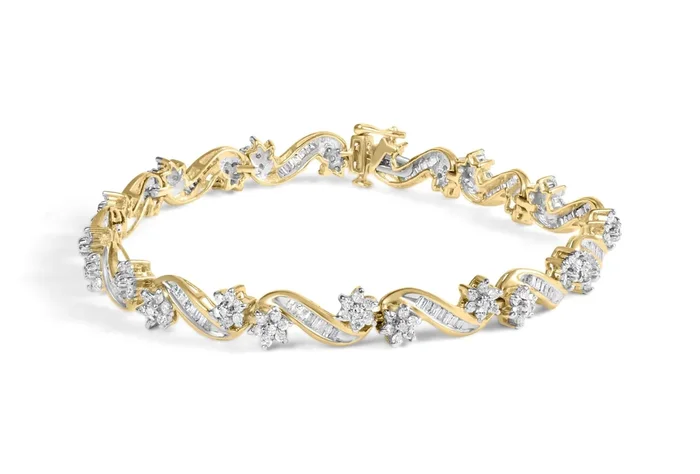 10k Yellow Gold 3.00 Cttw Round-Cut and Baguette-Cut Floral Link 7.25″ Bracelet (I-J Color, I1-I2 Clarity)