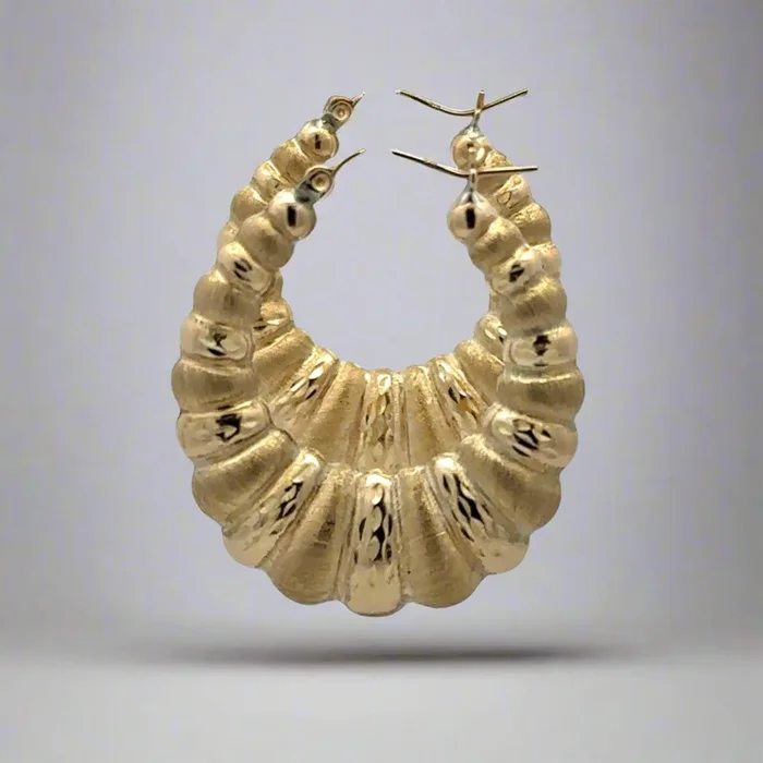10K Yellow Gold 34mm Brushed + Polished Ladies Scallop Shrimp Hoop Earrings