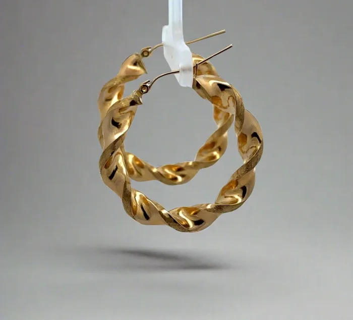 10K Yellow Gold 35mm Thick Brushed + Polished Twist Hoop Earrings