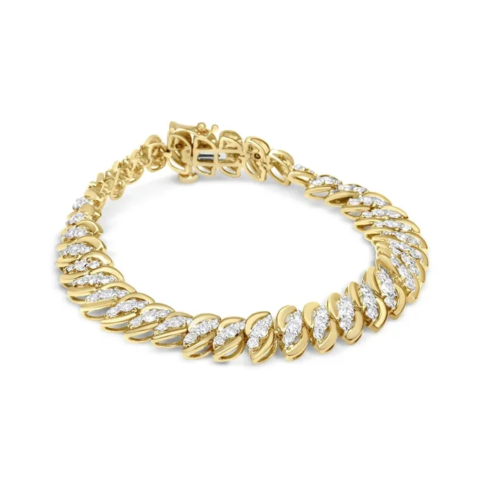 10K Yellow Gold 5.0 Cttw Diamond Double Row S-Link Cuban Bracelet (J-K Color, I2-I3 Clarity) – 7.25″ Inches
