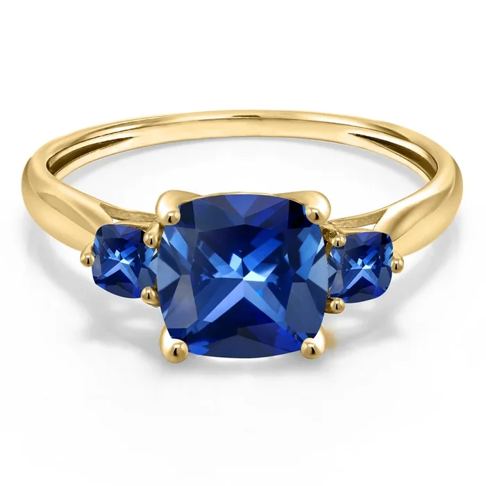 10K Yellow Gold Blue Created Sapphire Engagement Ring For Women | 2.26 Cttw | Cushion 7MM | Gemstone September Birthstone
