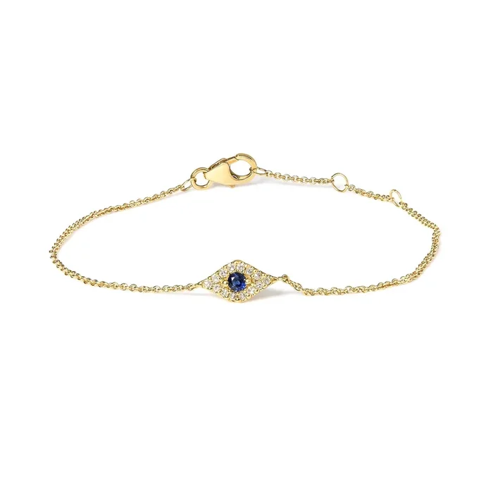 10K Yellow Gold Blue Sapphire and Diamond Accent Evil Eye Station Link Bracelet (H-I Color, I1-I2 Clarity) – Size 7″