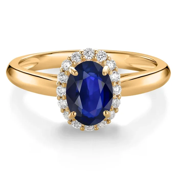 10K Yellow Gold Blue Sapphire and White Lab Grown Diamond Halo Engagement Ring For Women | 0.70 Cttw | Oval 7X5MM | Wedding Engagement Anniversary Promise Ring For Women