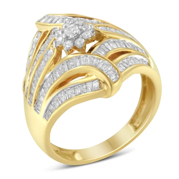 10K Yellow Gold Flashed .925 Sterling Silver 1-1/8 Cttw Round & Baguette Diamond ‘Flower & Fern’ Cluster Cocktail Fashion Ring (I-J Color, I2-I3 Clarity)