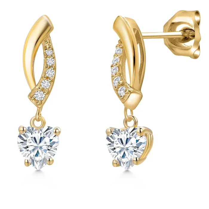 10K Yellow Gold Forever Classic Moissanite and Lab Grown Diamond Dangle Earrings for Women | 1.05 Cttw | Gemstone Birthstone | Heart Shape 5MM