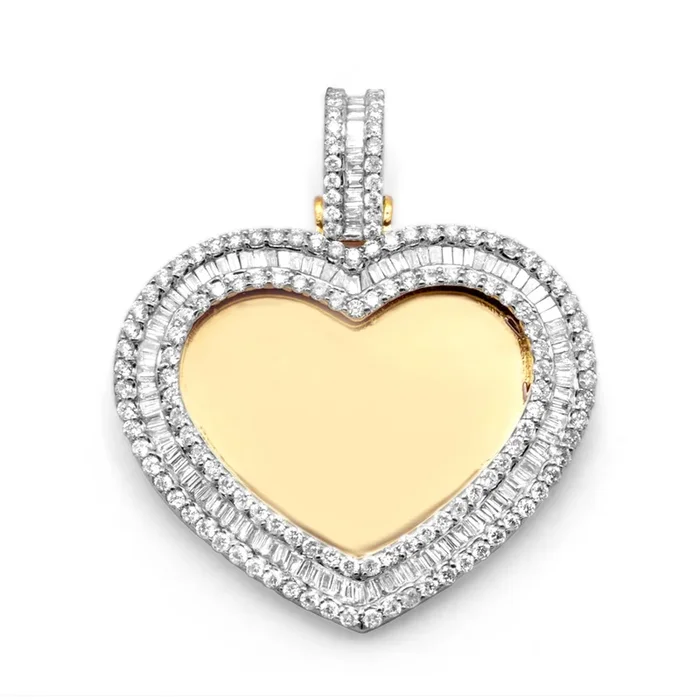 10K Yellow Gold Heart Custom Diamond Baguette Picture Pendant 1.89 ctw
