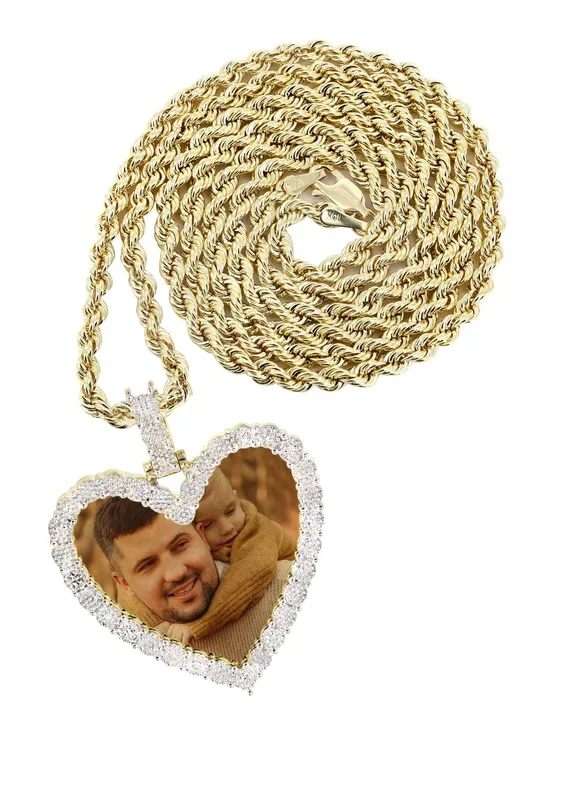 10K Yellow Gold Medium Diamond Heart Picture Pendant Necklace | Appx. 21 Grams