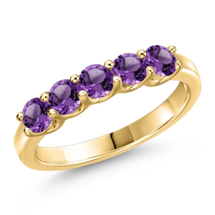 10K Yellow Gold Purple Amethyst Wedding-Bands Ring For Women | 0.80 Cttw | Round 3.5MM | Gemstone February Birthstone