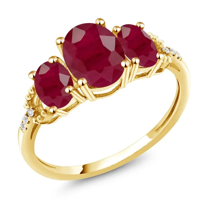 10K Yellow Gold Red Ruby and Diamond Accent 3-Stone Ring | 2.84 Cttw | Oval 8X6MM and 6X4MM | Three Stone Wedding Engagement Anniversary Promise Ring For Women