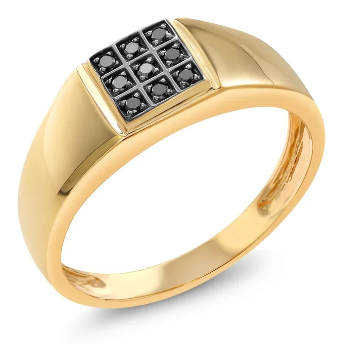 10K Yellow Gold Round Black Diamond Ring for Men | 0.11 Cttw | Top Width 7MM | Available In Size 7, 8, 9, 10, 11, 12, 13