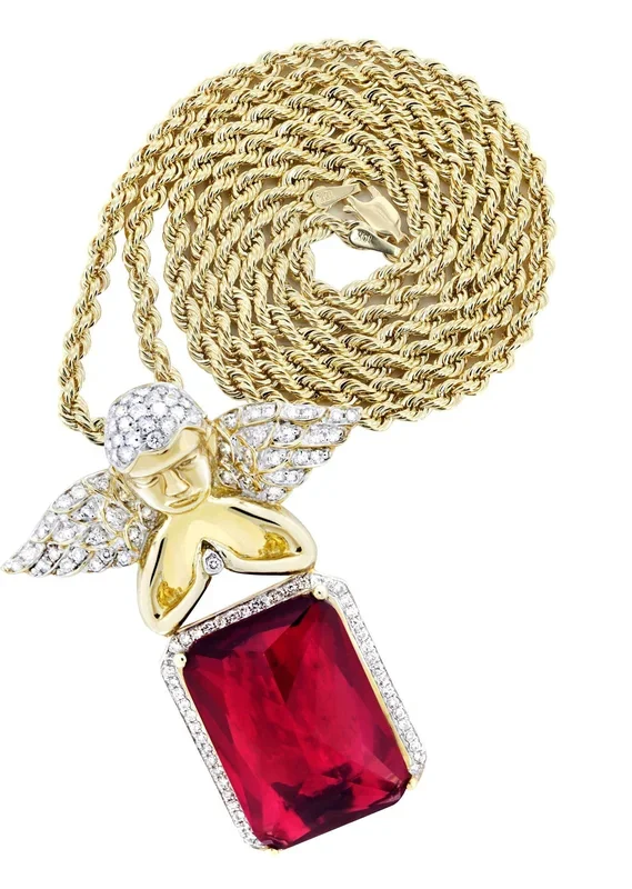 10K Yellow Gold Ruby Angel Diamond Necklace | 1.6 Carats