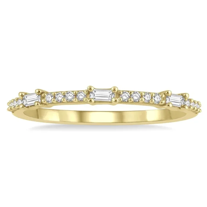 10K Yellow Gold Stackable Petite Baguette And Round Diamond Fashion Ring