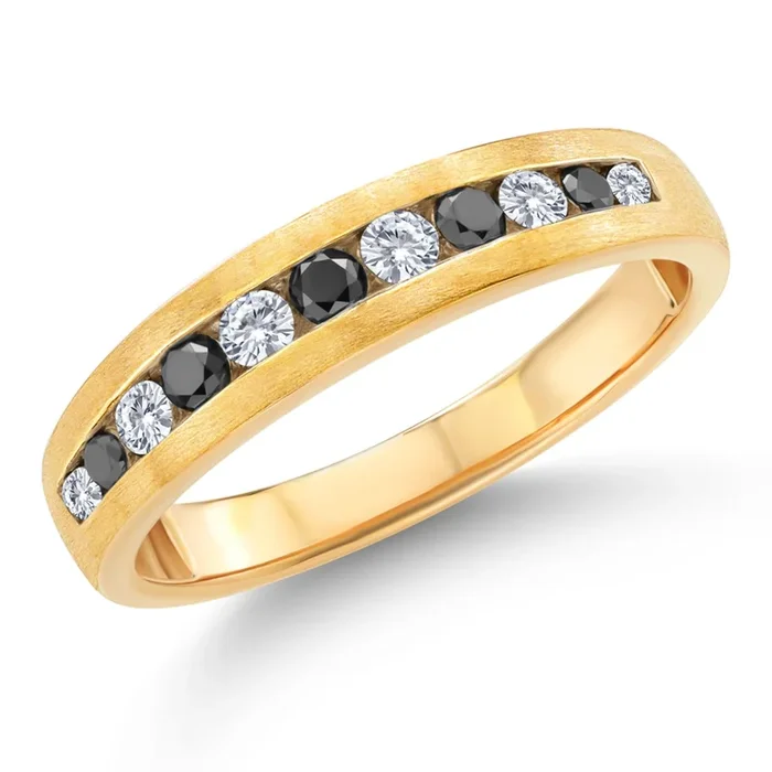 10K Yellow Gold White Lab Grown Diamond and Black Diamond Satin Finish Wedding Band Ring for Women (0.61 Cttw)