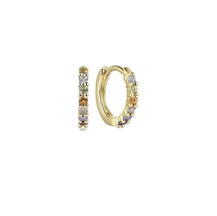 10mm 14K Yellow Gold Rainbow Color Stone Huggie Earrings