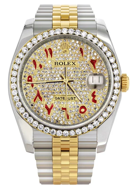 116233 | Hidden Clasp | Diamond Gold Rolex Watch For Men | 36Mm | Custom Red Arabic Full Diamond Dial | Jubilee Band
