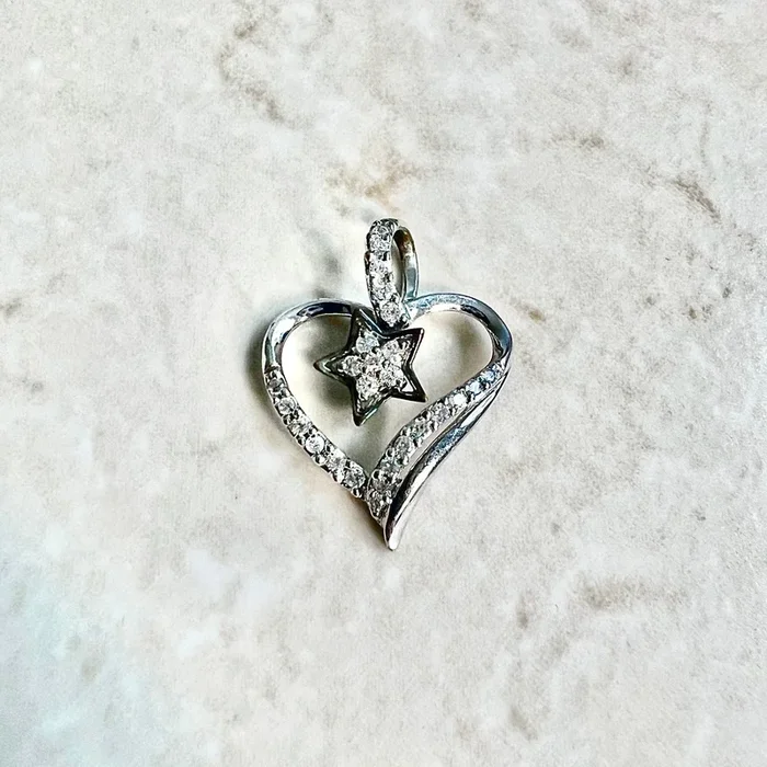 14 Karat White Gold Diamond Star & Heart Pendant