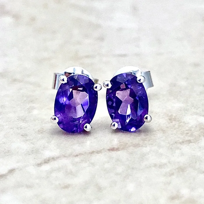 14 Karat White Gold February Birthstone Oval Amethyst Stud Earrings