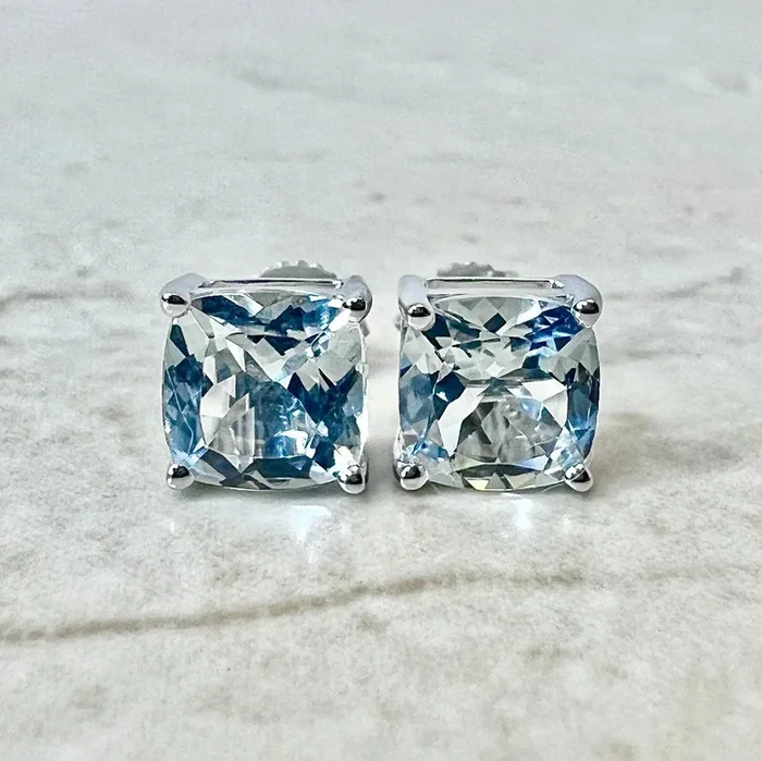 14 Karat White Gold March Birthstone Cushion Aquamarine Stud Earrings