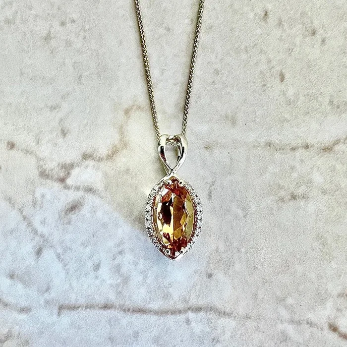 14 Karat Yellow Gold Marquise Citrine & Diamond Halo Pendant Necklace