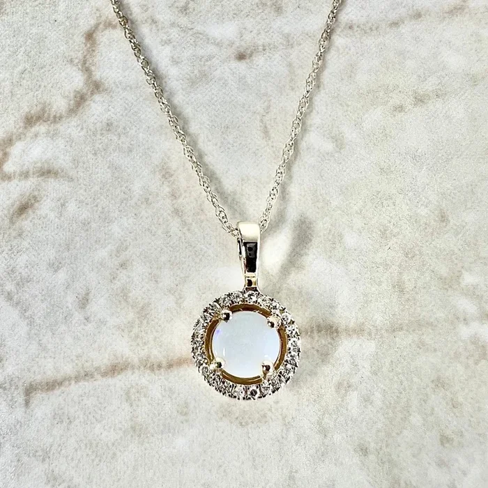 14 Karat Yellow Gold October Birthstone Round Opal & Diamond Halo Pendant Necklace