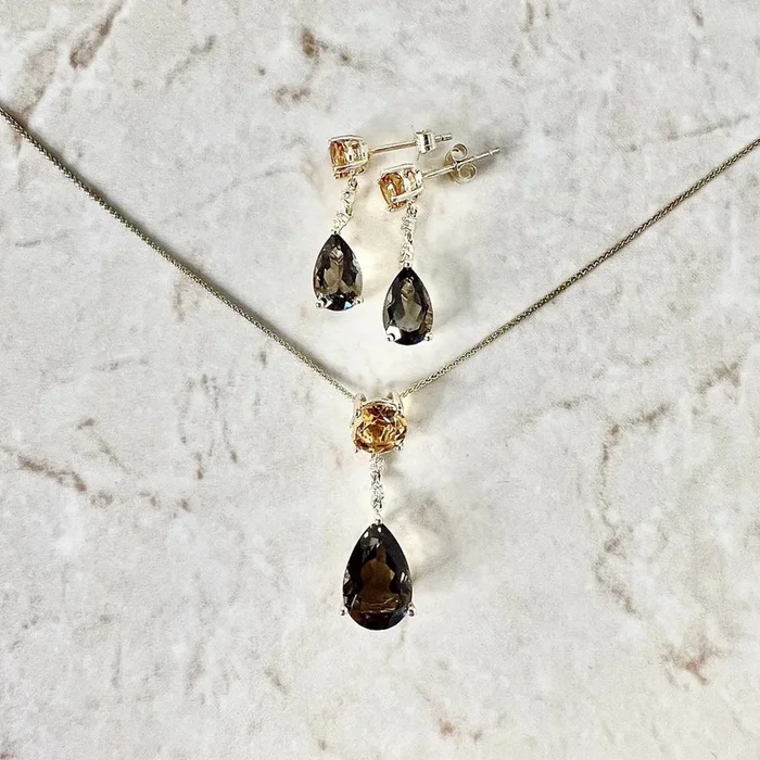 14 Karat Yellow Gold Smoky Quartz, Citrine & Diamond Drop Earrings & Necklace Set