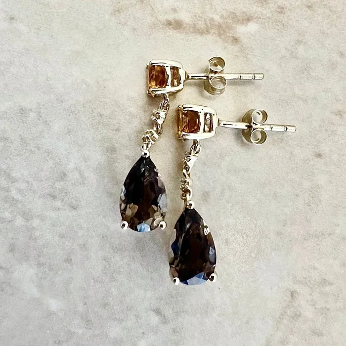 14 Karat Yellow Gold Smoky Quartz, Citrine & Diamond Drop Earrings