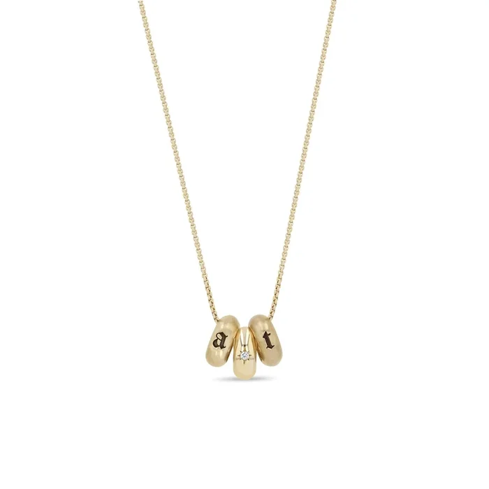 14k 2 Initial Letter & Star Set Diamond Half Round Slide Bead Box Chain Necklace