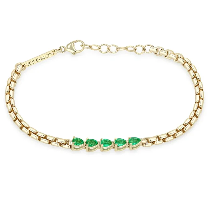 14k 5 Linked Pear Emerald Box Chain Bracelet