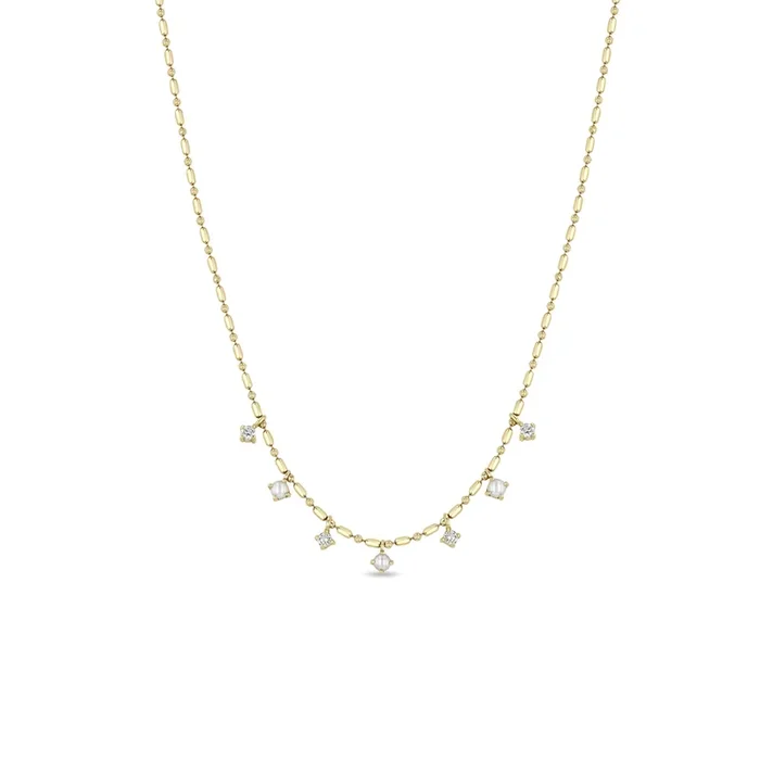 14k 7 Dangling Prong Pearl & Diamond Tube Bar Chain Necklace
