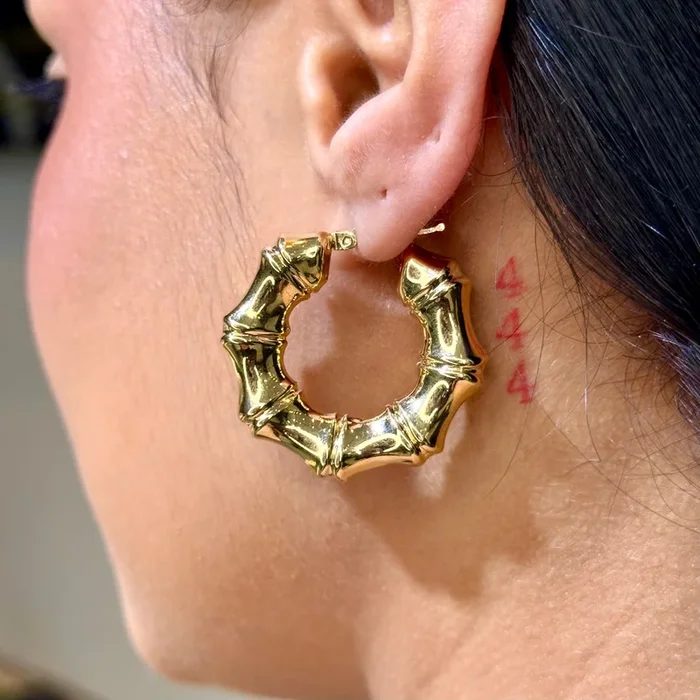 14K Bamboo PUFF Hoops Earrings (1.2” Inch) JTJ™
