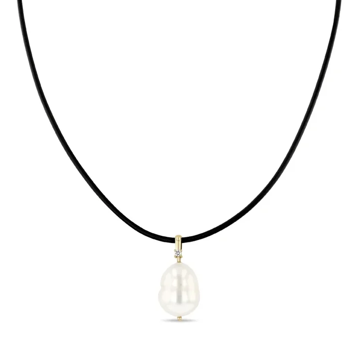 14k Baroque Pearl & Diamond Bail Pendant Leather Cord Necklace