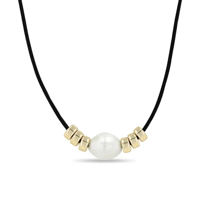 14k Baroque Pearl & Rondelle Bead Leather Cord Necklace