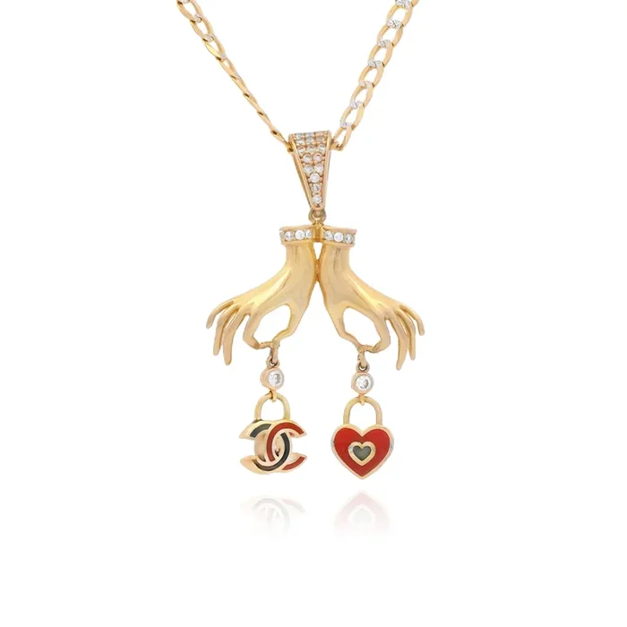 14K CC Bags and Hand Pendant W/ Solid Two Tone Cuban Chain (2.5MM – 16” Inches) JTJ™